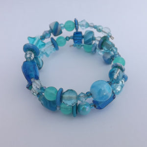 Aqua, Teal & Royal Blue Beads Handmade Memory Wire Bracelet