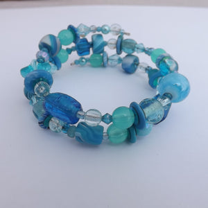 Aqua, Teal & Royal Blue Beads Handmade Memory Wire Bracelet