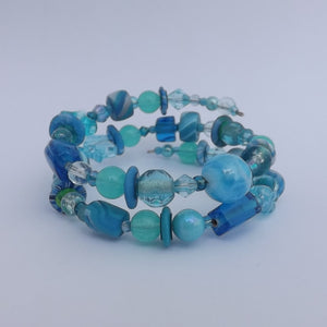 Aqua, Teal & Royal Blue Beads Handmade Memory Wire Bracelet