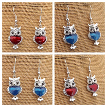 Load image into Gallery viewer, Small Silver Toned Owl Earrings (Red or Blue)
