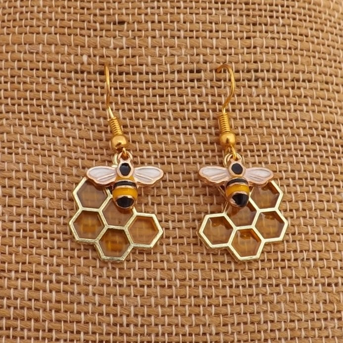 Bee & Honeycomb Drop Earrings