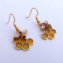Load image into Gallery viewer, Bee &amp; Honeycomb Drop Earrings
