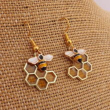 Load image into Gallery viewer, Bee &amp; Honeycomb Drop Earrings
