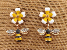 Load image into Gallery viewer, Bee &amp; White &amp; Yellow Flower, Gold Tone Stud Drop Earrings
