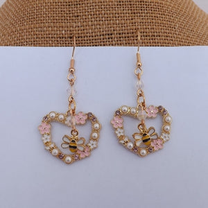 Bee in Pink & Pearl Floral Heart, Handmade Drop Earrings
