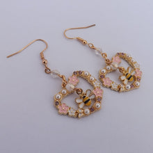 Load image into Gallery viewer, Bee in Pink &amp; Pearl Floral Heart, Handmade Drop Earrings

