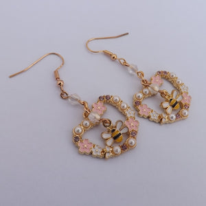 Bee in Pink & Pearl Floral Heart, Handmade Drop Earrings