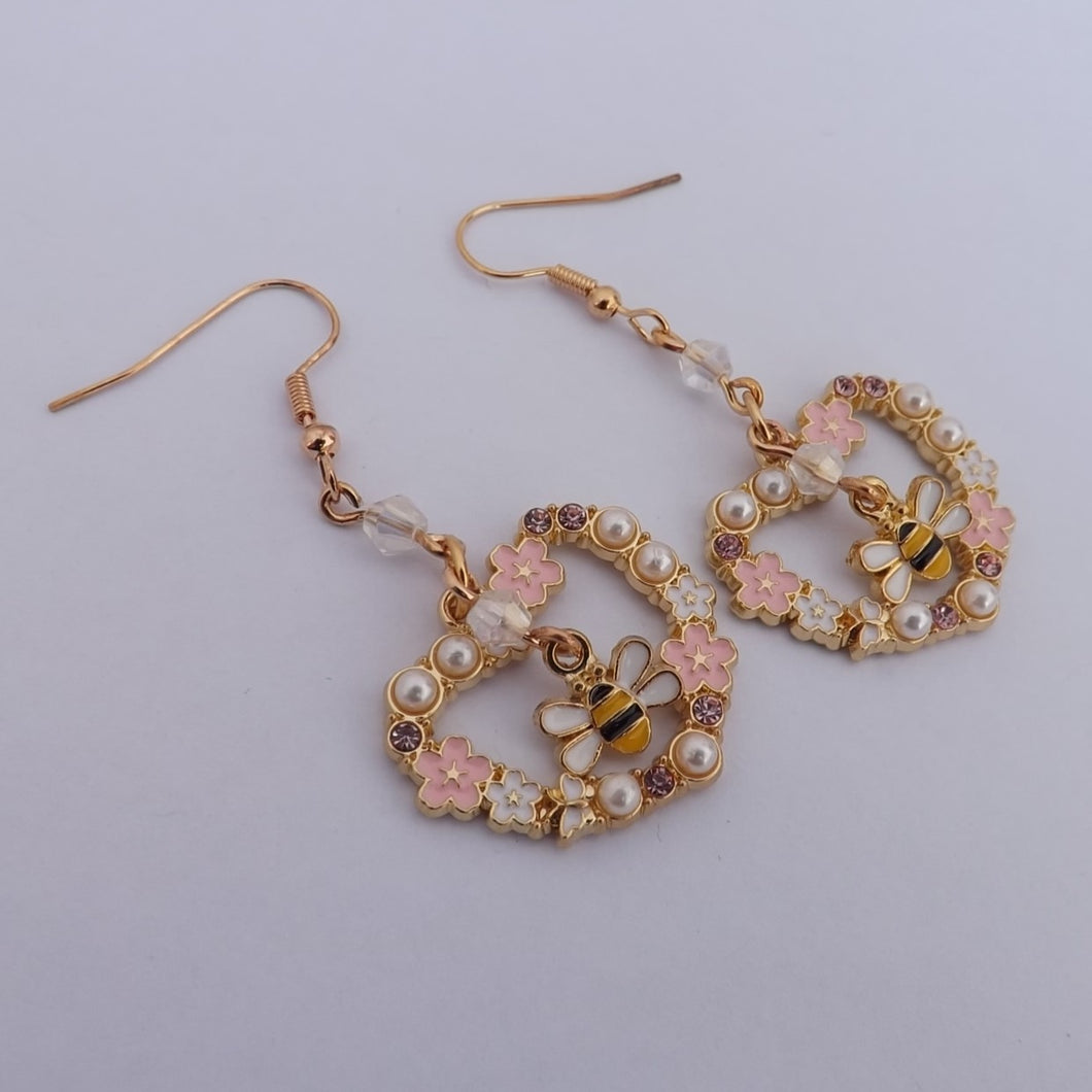 Bee in Pink & Pearl Floral Heart, Handmade Drop Earrings