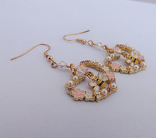 Load image into Gallery viewer, Bee in Pink &amp; Pearl Floral Heart, Handmade Drop Earrings
