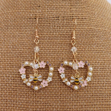 Load image into Gallery viewer, Bee in Pink &amp; Pearl Floral Heart, Handmade Drop Earrings
