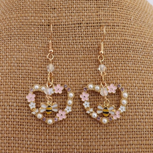 Bee in Pink & Pearl Floral Heart, Handmade Drop Earrings