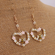 Load image into Gallery viewer, Bee in Pink &amp; Pearl Floral Heart, Handmade Drop Earrings
