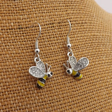 Load image into Gallery viewer, Bee with Diamante Wings, Silver Tone Drop Earrings
