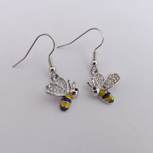 Load image into Gallery viewer, Bee with Diamante Wings, Silver Tone Drop Earrings
