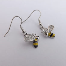 Load image into Gallery viewer, Bee with Diamante Wings, Silver Tone Drop Earrings
