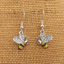 Load image into Gallery viewer, Bee with Diamante Wings, Silver Tone Drop Earrings
