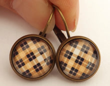 Load image into Gallery viewer, Beige &amp; Black Checkered Pattern - Dome Earrings on Lever back hooks
