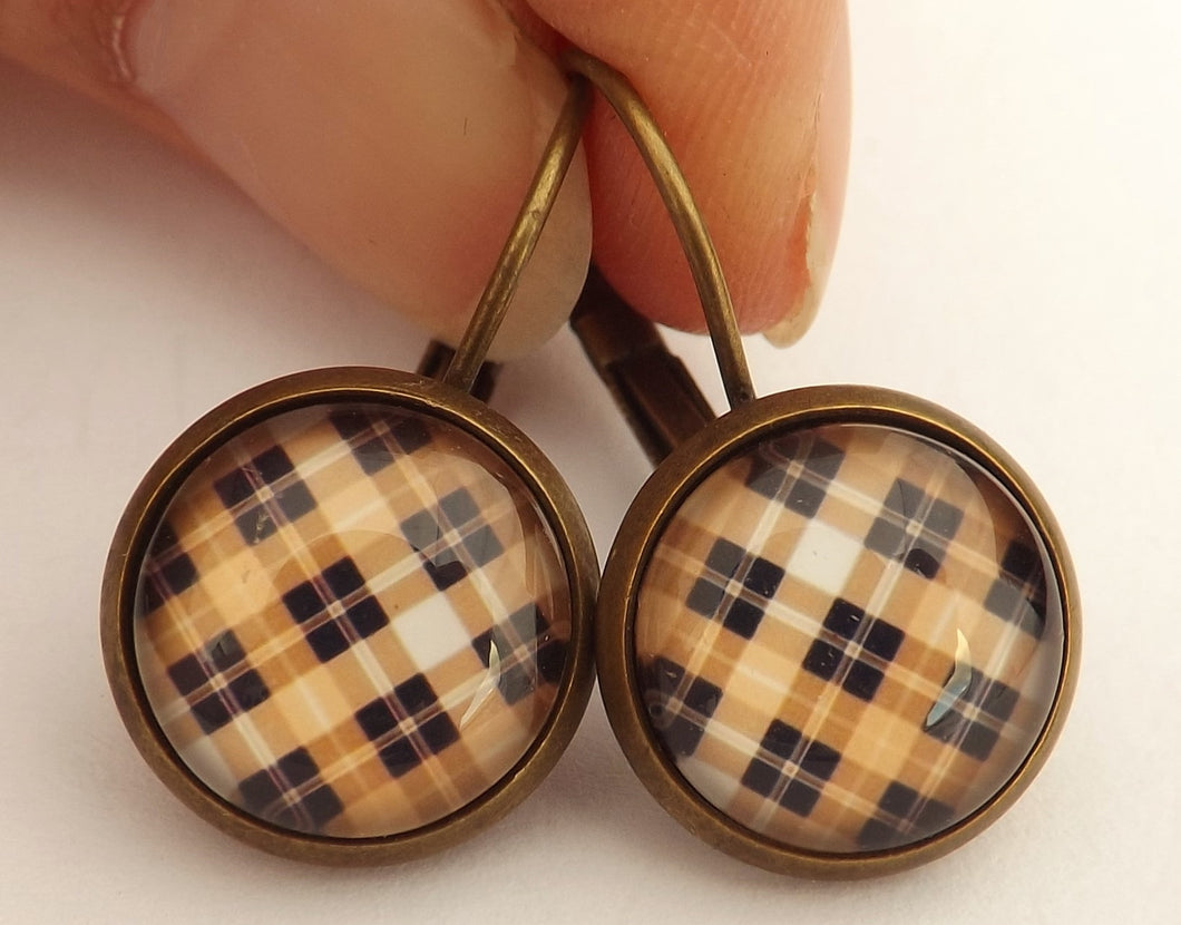 Beige & Black Checkered Pattern - Dome Earrings on Lever back hooks