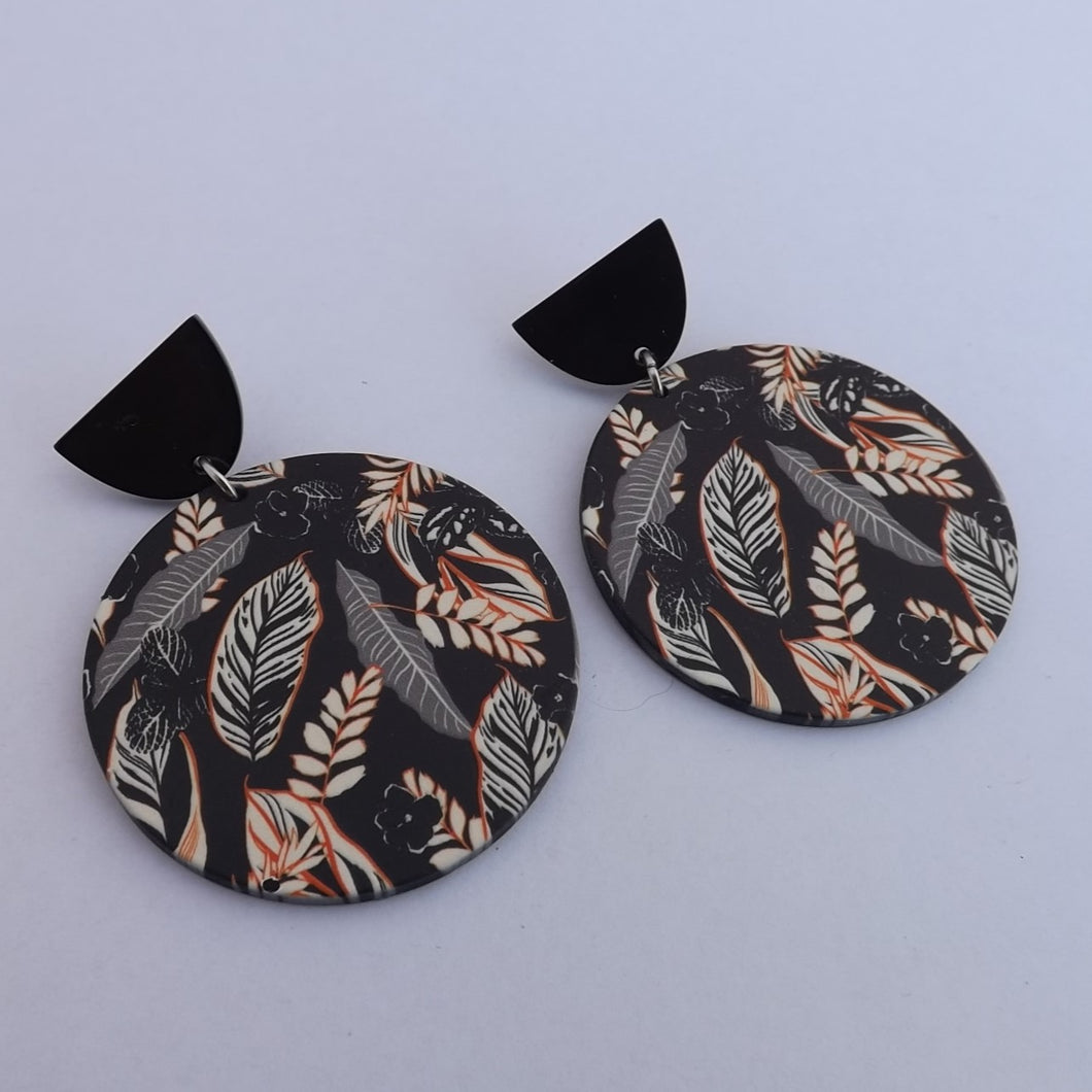 Beige Feathers on Black Large Acrylic Earrings with Stud Top