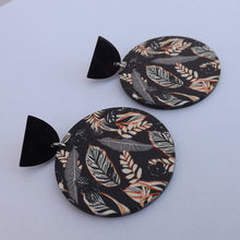 Load image into Gallery viewer, Beige Feathers on Black Large Acrylic Earrings with Stud Top
