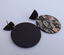 Load image into Gallery viewer, Beige Feathers on Black Large Acrylic Earrings with Stud Top
