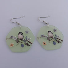 Load image into Gallery viewer, Bird on Floral Branch, on Green, Earrings
