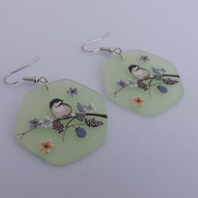 Load image into Gallery viewer, Bird on Floral Branch, on Green, Earrings
