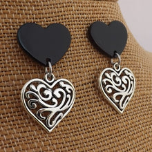 Load image into Gallery viewer, Black Acrylic &amp; Silver Tone FIligree Heart Stud Earrings
