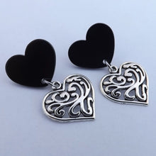 Load image into Gallery viewer, Black Acrylic &amp; Silver Tone FIligree Heart Stud Earrings
