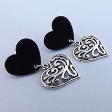 Load image into Gallery viewer, Black Acrylic &amp; Silver Tone FIligree Heart Stud Earrings
