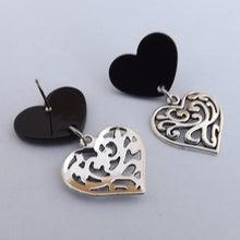 Load image into Gallery viewer, Black Acrylic &amp; Silver Tone FIligree Heart Stud Earrings
