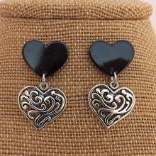 Load image into Gallery viewer, Black Acrylic &amp; Silver Tone FIligree Heart Stud Earrings
