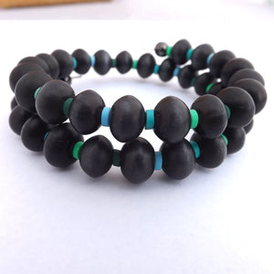 Black Acrylic with Blue & Green Spacers Bead Necklace, Bracelet & Earrings Set