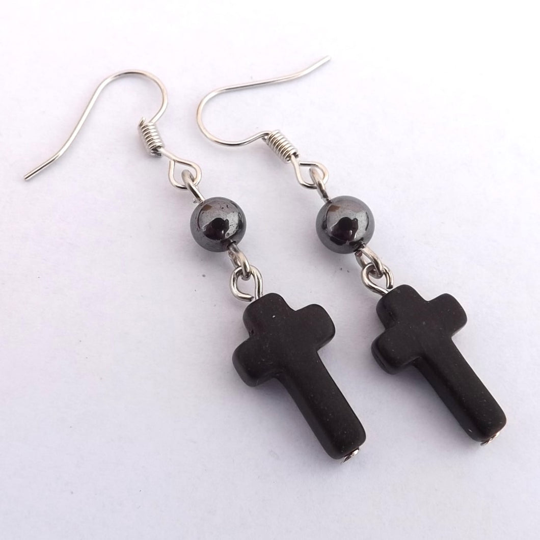 Black Cross & Hematite Bead Handmade Drop Earrings