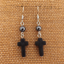 Load image into Gallery viewer, Black Cross &amp; Hematite Bead Handmade Drop Earrings
