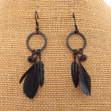 Load image into Gallery viewer, Black Feather &amp; Charm Drop Earrings
