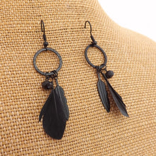 Load image into Gallery viewer, Black Feather &amp; Charm Drop Earrings
