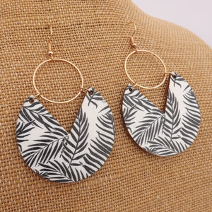 Black Leaves on Cream Wood & Gold Tone Drop Earrings