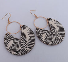 Load image into Gallery viewer, Black Leaves on Cream Wood &amp; Gold Tone Drop Earrings
