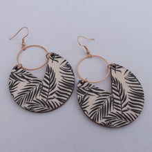 Load image into Gallery viewer, Black Leaves on Cream Wood &amp; Gold Tone Drop Earrings
