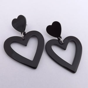 Black Acrylic Heart Drop Earrings on Stud Setting