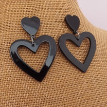 Load image into Gallery viewer, Black Acrylic Heart Drop Earrings on Stud Setting
