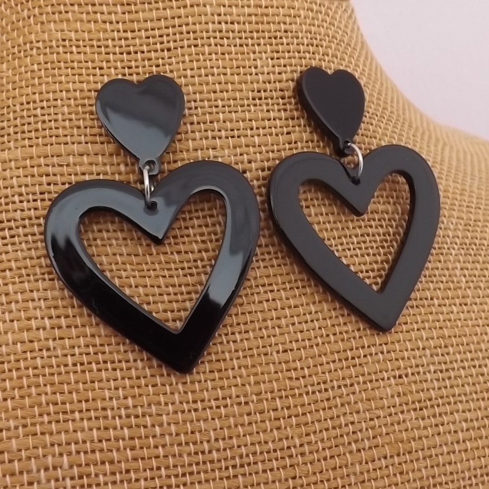 Black Acrylic Heart Drop Earrings on Stud Setting