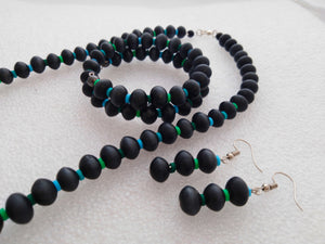 Black Acrylic with Blue & Green Spacers Bead Necklace, Bracelet & Earrings Set