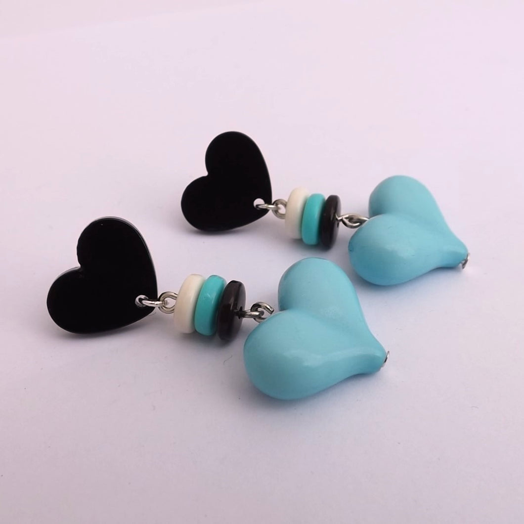 Black & Blue Handmade Heart & Bead Drop Earrings