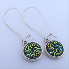 Load image into Gallery viewer, Black, Blue, Gold Squiggle Earrings, Long Kidney Hooks
