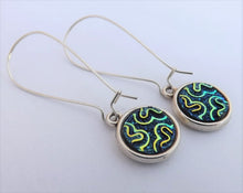 Load image into Gallery viewer, Black, Blue, Gold Squiggle Earrings, Long Kidney Hooks
