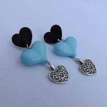 Load image into Gallery viewer, Black, Blue &amp; Silver Handmade Heart Drop Earrings

