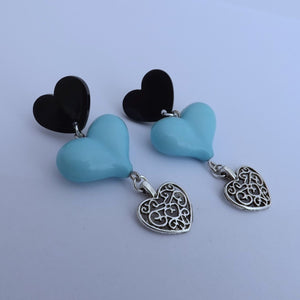 Black, Blue & Silver Handmade Heart Drop Earrings
