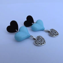 Load image into Gallery viewer, Black, Blue &amp; Silver Handmade Heart Drop Earrings

